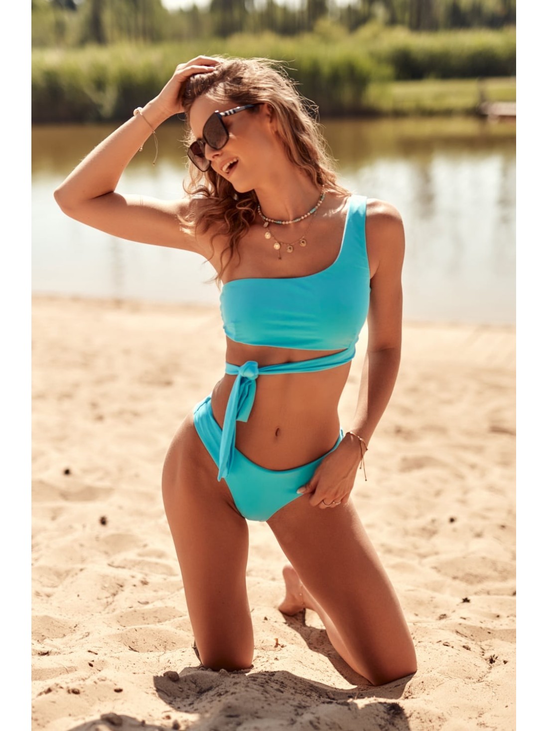 Two-piece asymmetrical blue swimsuit K17 - Online store - Boutique